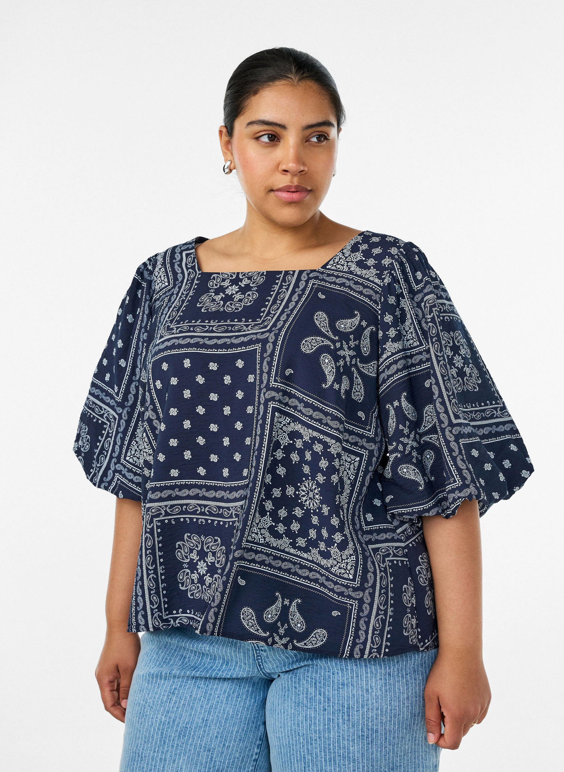 ZizziViskoosipusero paisley-kuviolla ja pallohihoilla, Sininen, Model image number 0