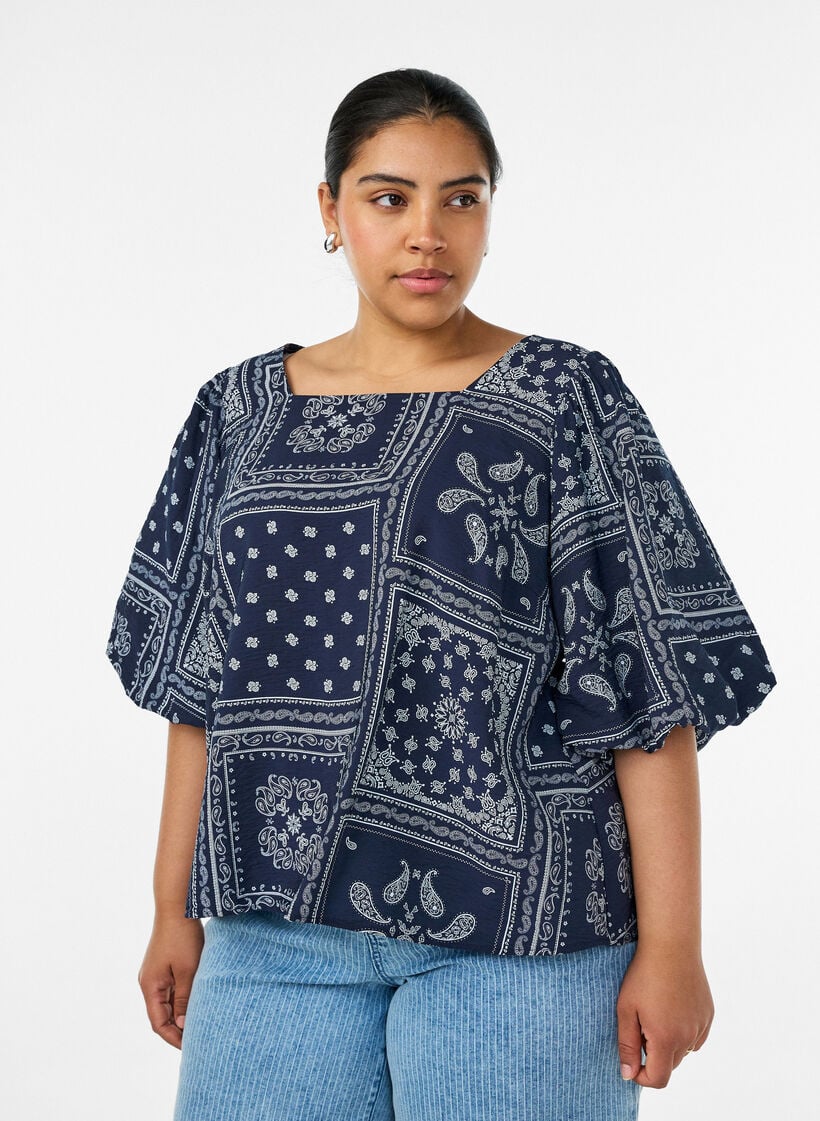 Viskoosipusero paisley-kuviolla ja pallohihoilla, Sininen, Model image number 0
