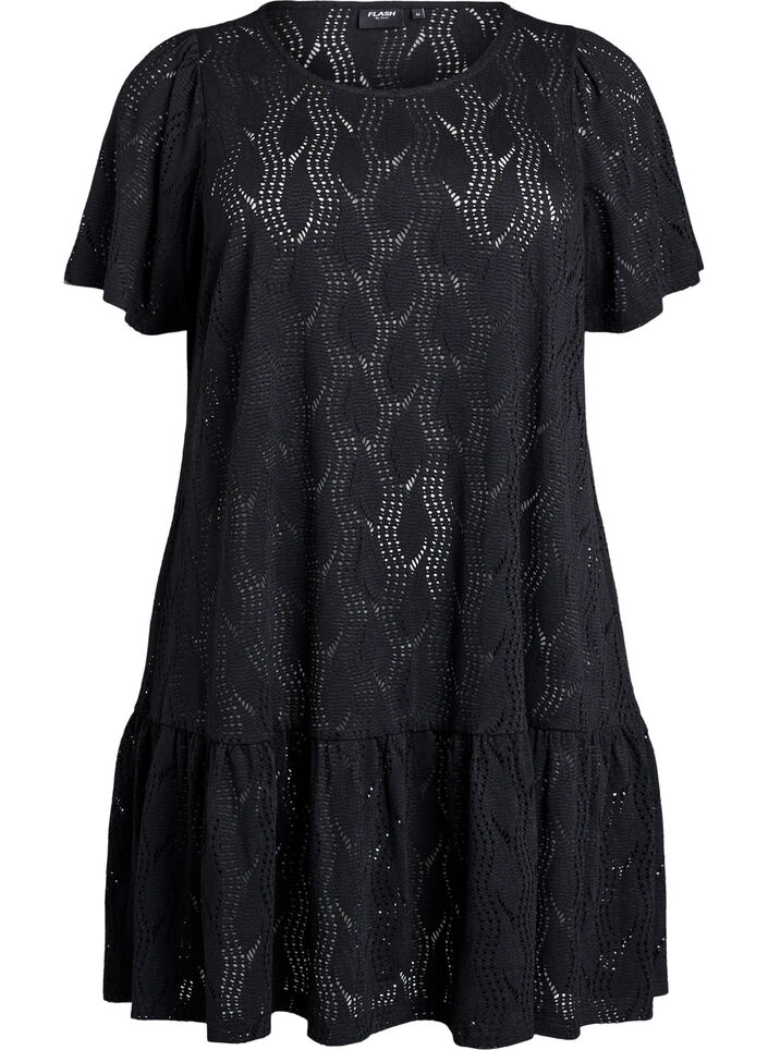 FLASH - Lyhyt jersey-mekko silmäneuloksella, Black, Packshot image number 0