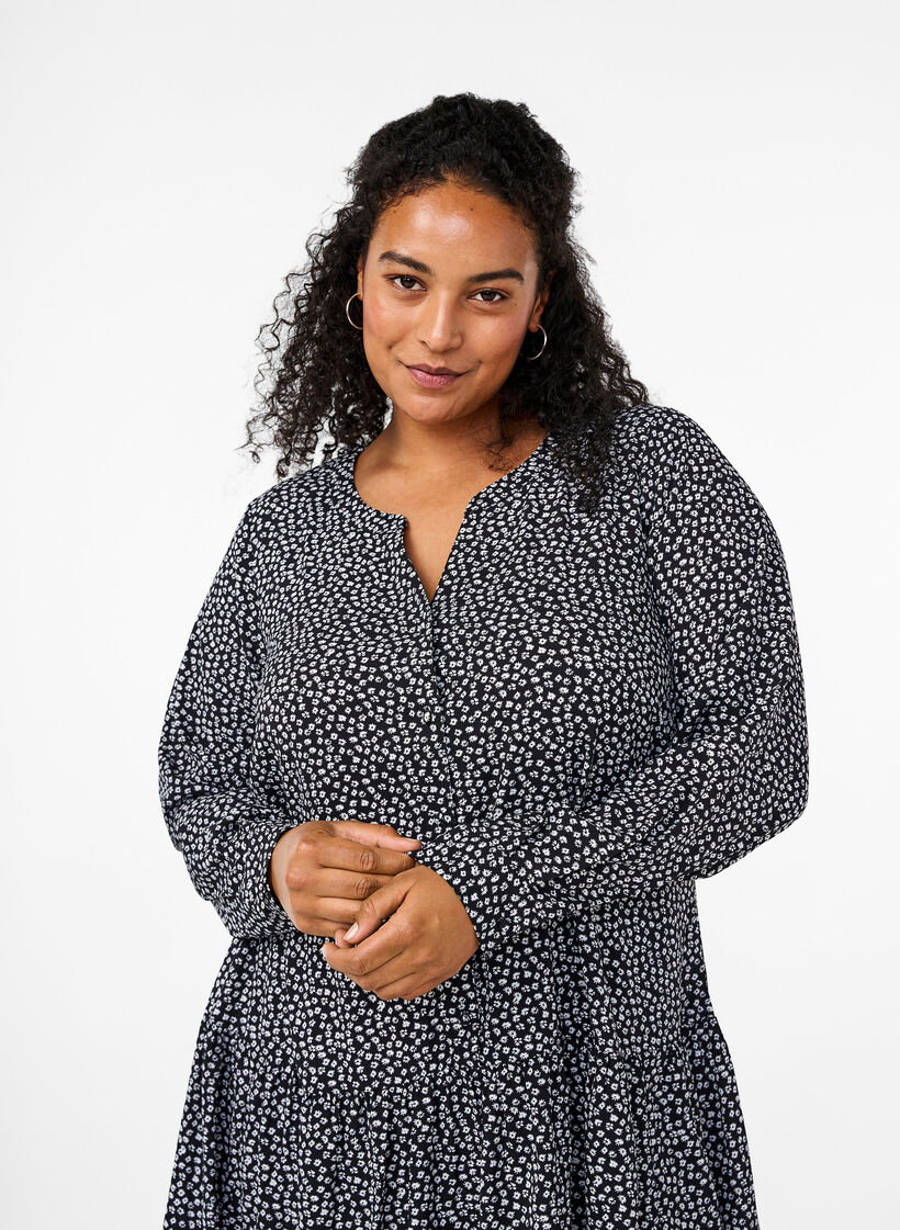 Midi-mekko pitkillä hihoilla, Black Small Flower, Model image number 2