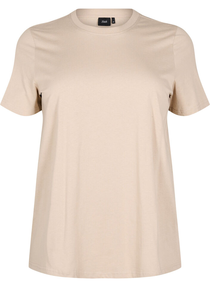 Puuvillainen perus-T-paita, jossa on py&ouml;re&auml; kaula-aukko, Beige, Packshot image number 0