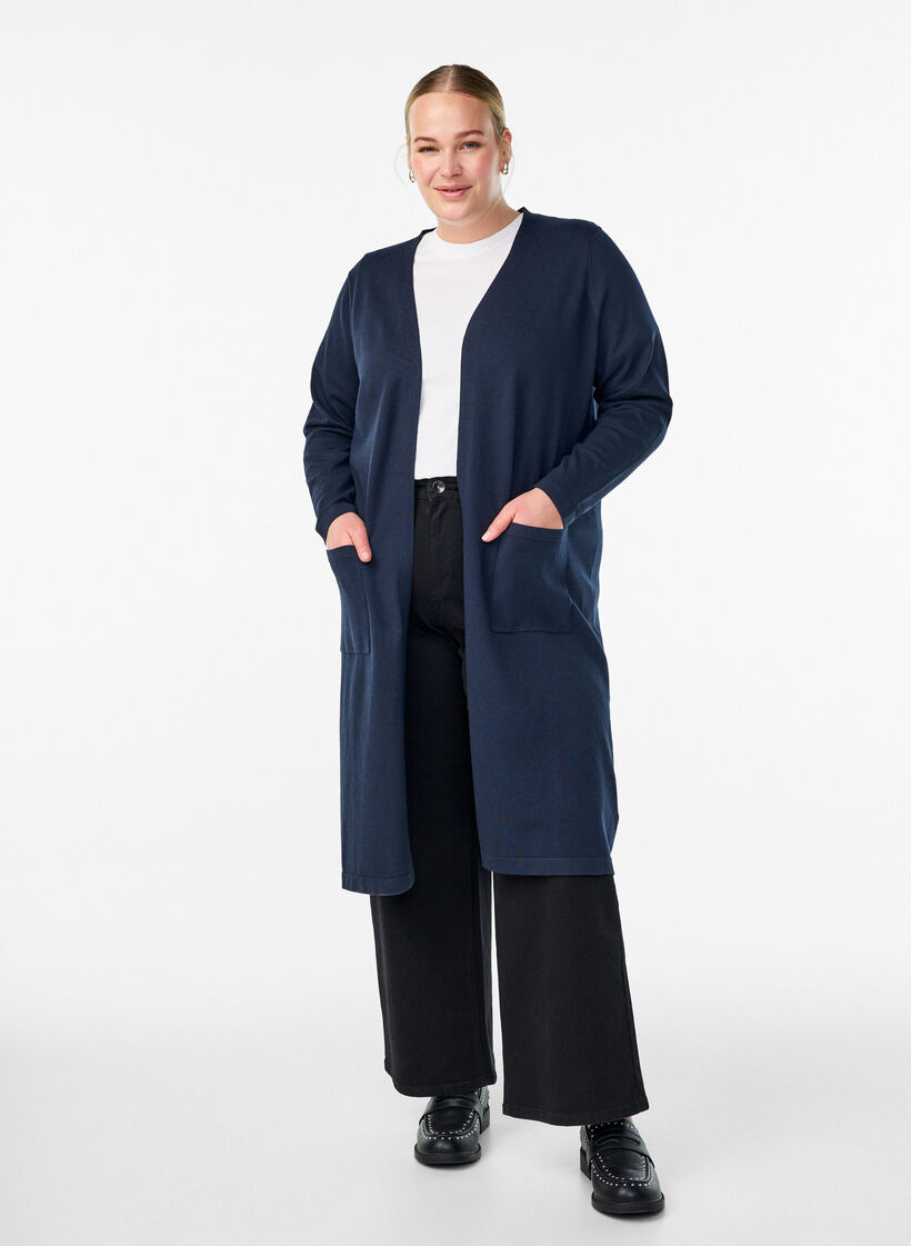 Pitk&auml;, avoin neuletakki taskuilla, Sininen, Model image number 0