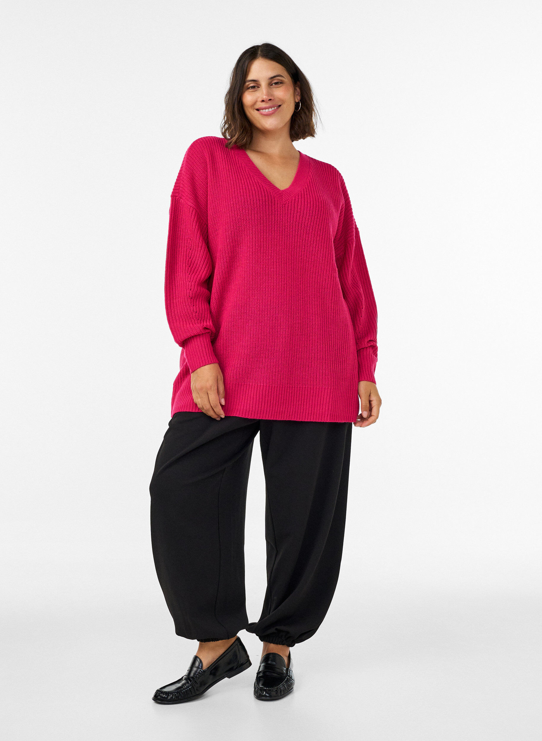 ZizziPitk&auml; ribbineulepusero V-p&auml;&auml;ntiell&auml;, Vaaleanpunainen, Model image number 1