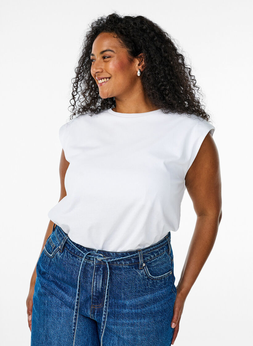 Hihaton trikoopusero, jossa on olkatoppaukset, Valkoinen, Model image number 0