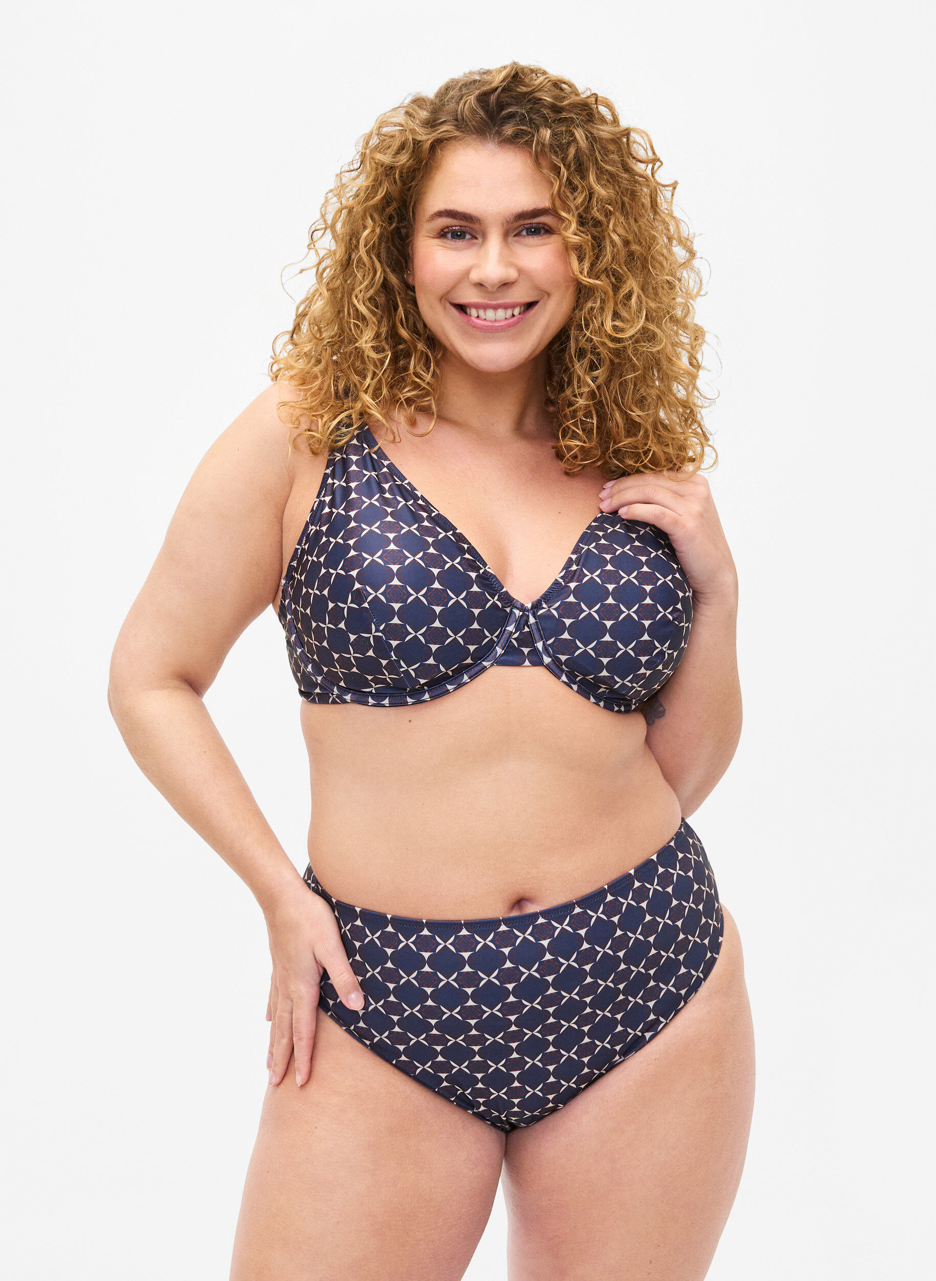 Zizzi Kuviollinen bikinitoppi kaarituella, Sininen, Model image number 1