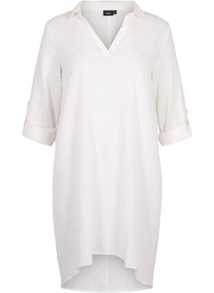 Puuvillasta ja pellavasta valmistettu raidallinen mekko, White, Packshot image number 0