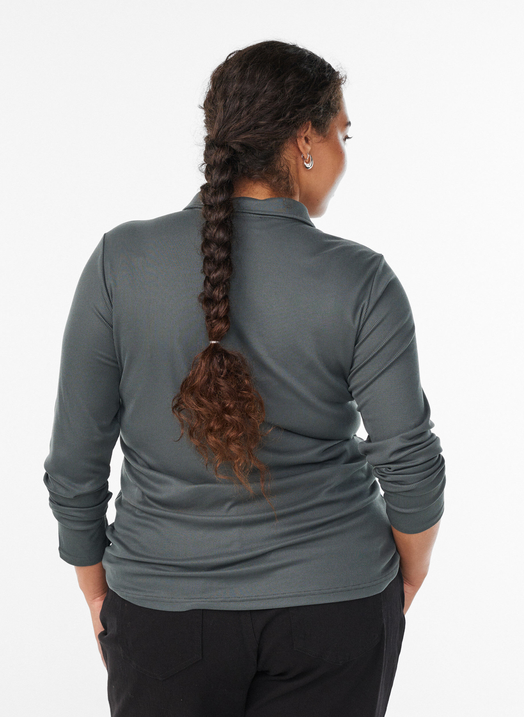 Zizzi Pikeepaita pehme&auml;&auml; ribattua materiaalia, pitk&auml;t hihat, Vihre&auml;, Model image number 2