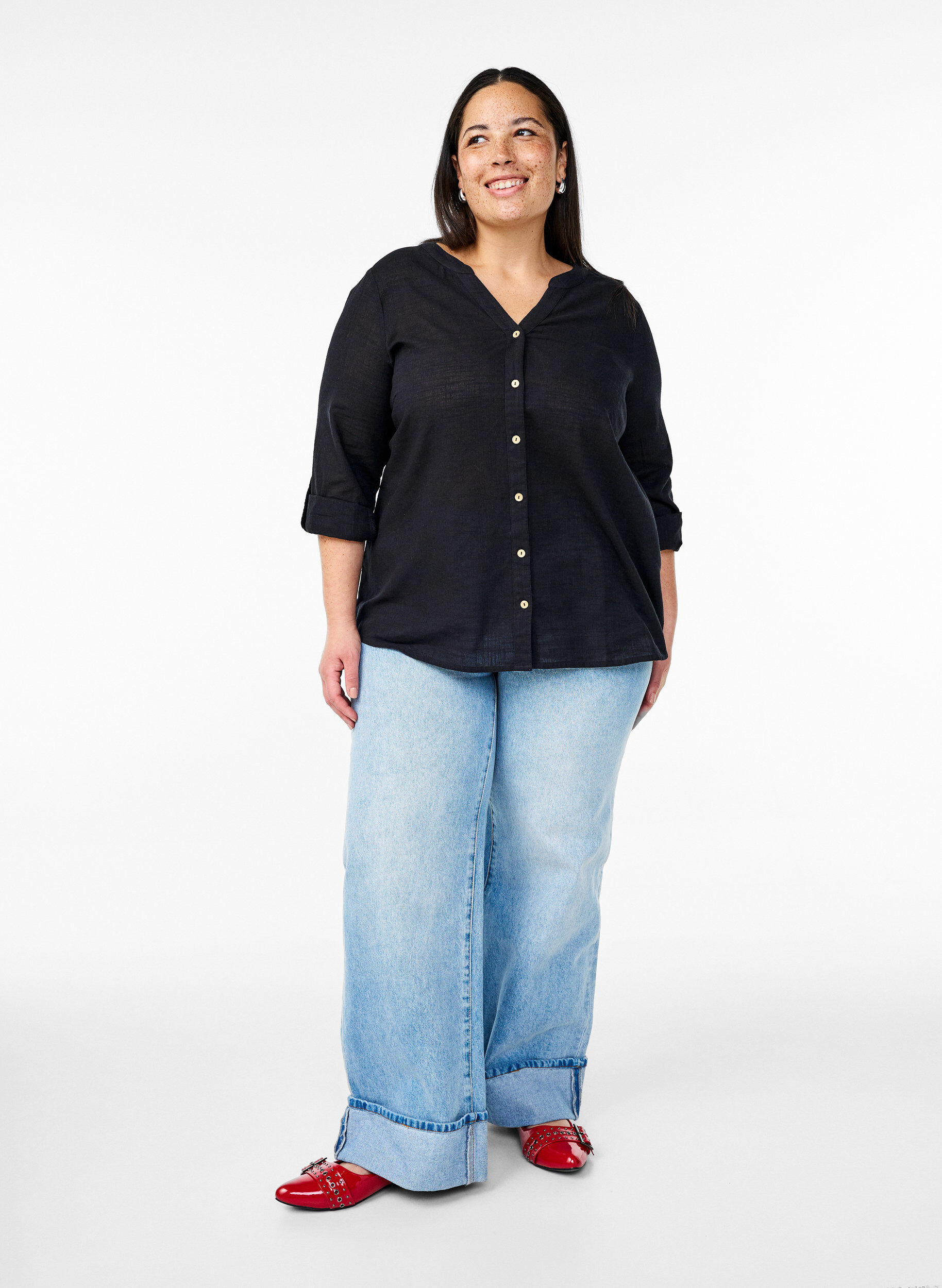 Zizzi Puuvillainen puseropaita v-kaula-aukolla, Musta, Model image number 1