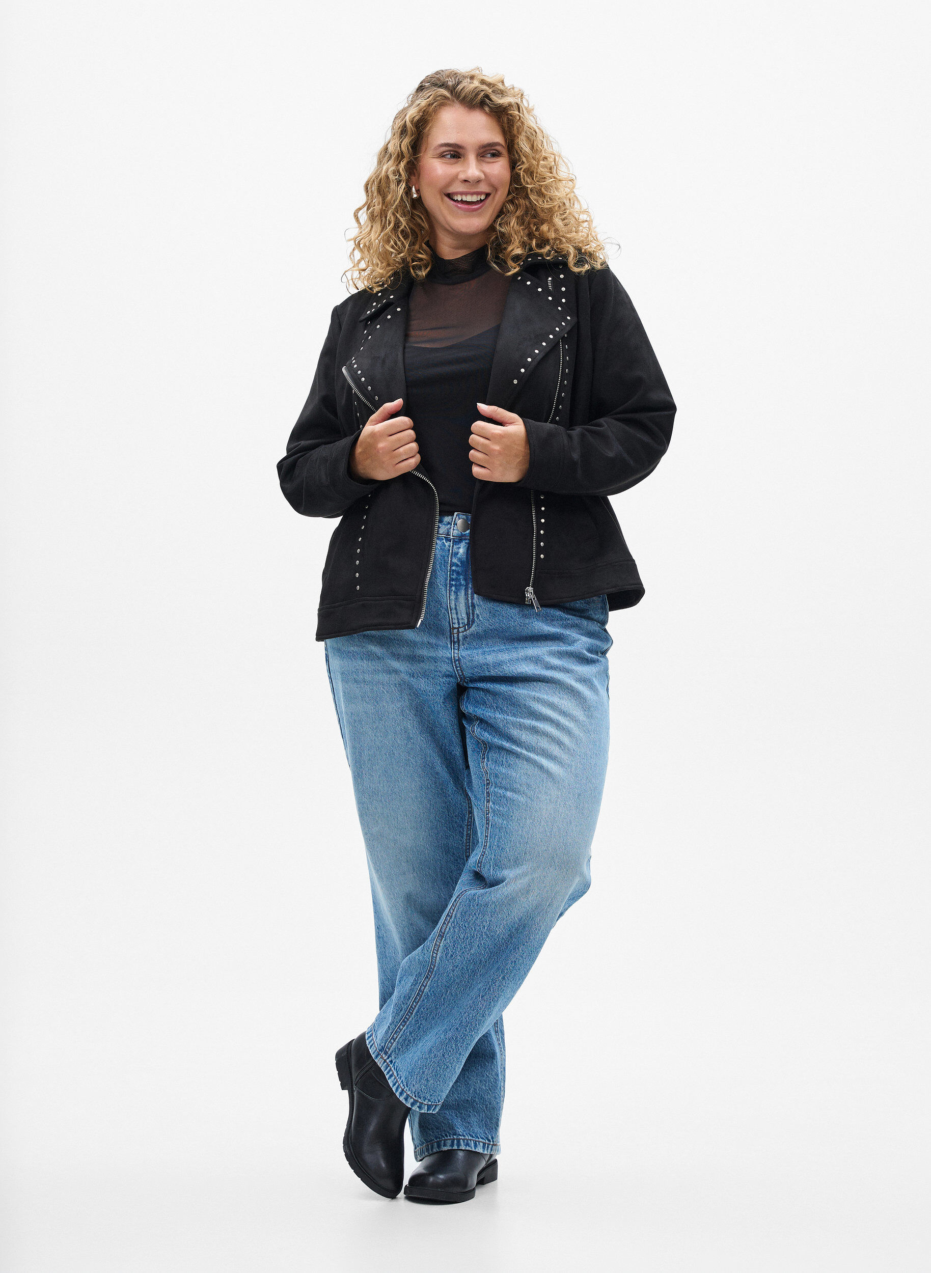 Zizzi Keinonahkainen biker-takki niiteill&auml;, Musta, Model image number 1