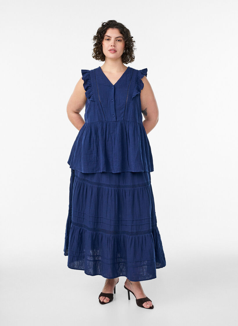 Hihaton puuvillamusliinipusero r&ouml;yhel&ouml;ill&auml;, Sininen, Model image number 1