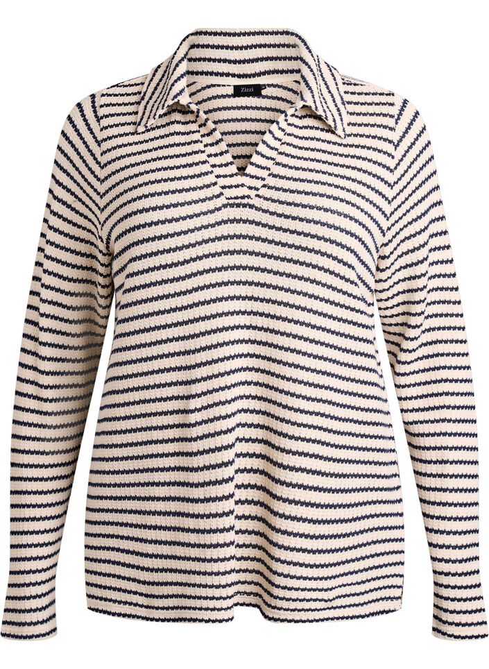 Raidallinen jersey-pusero kauluksella ja V-p&auml;&auml;ntiell&auml;, Beige, Packshot image number 0