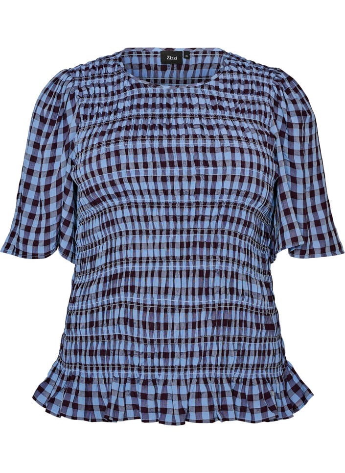Smokkiblouse gingham -ruudullisella kuosilla ja r&ouml;yhel&ouml;helmalla, Sininen, Packshot image number 0
