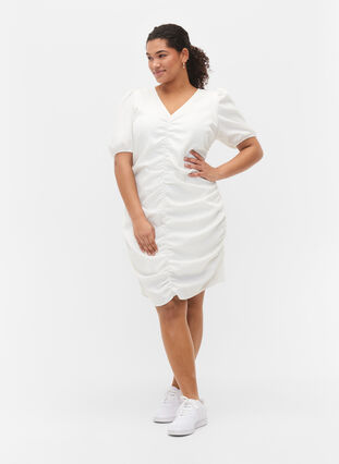 Lyhythihainen mekko rypytyksellä ja tekstuurilla, Bright White, Model image number 3