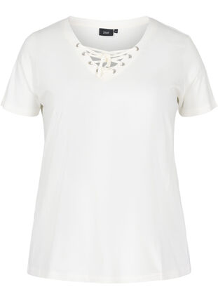 T-paita ekologista puuvillaa nyöriyksityiskohdalla, Warm Off-white, Packshot image number 0