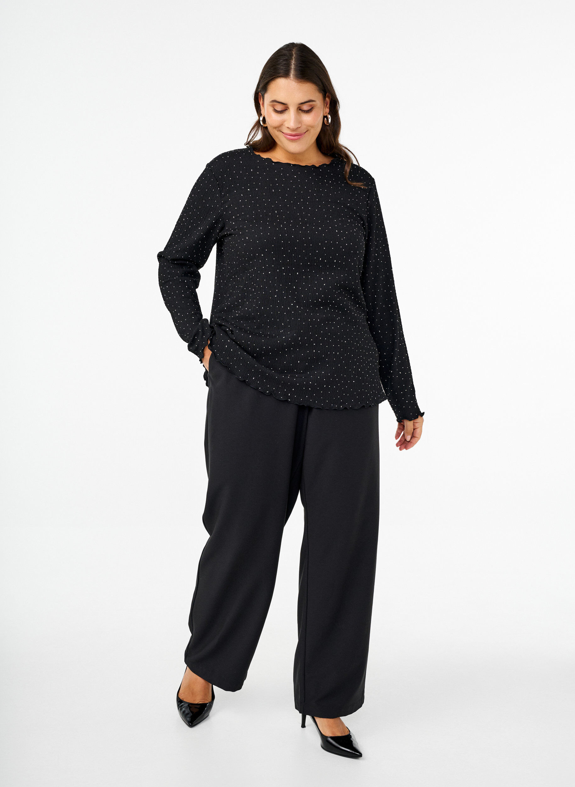 Zizzi Pitk&auml;hihainen paljettipaita kristalleilla, Musta, Model image number 1