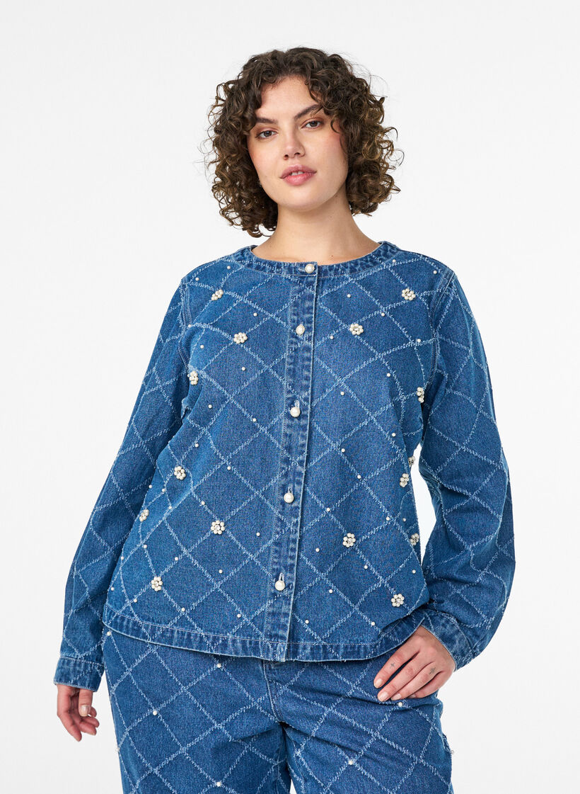 Denim-paita revityll&auml; kuosilla ja helmiyksityiskohdilla, Sininen, Model image number 0