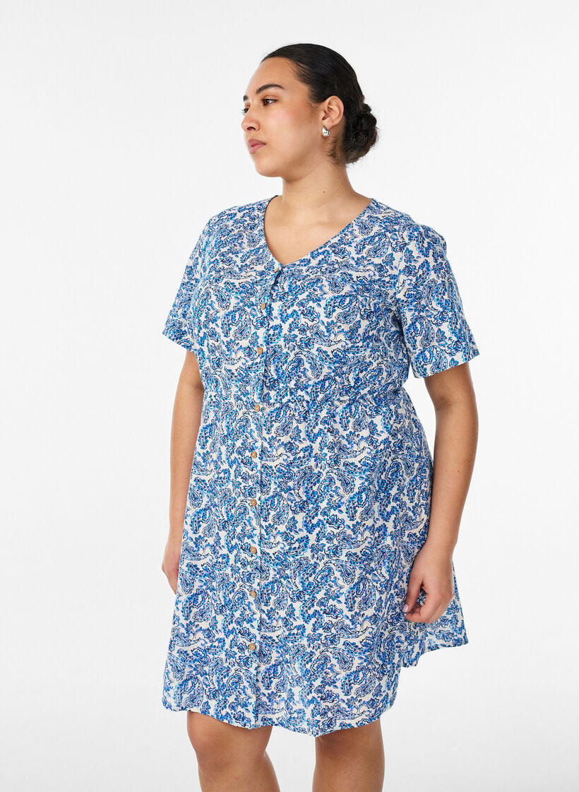 Lyhyt puuvillamekko kukkakuosilla, Sininen, Model image number 0