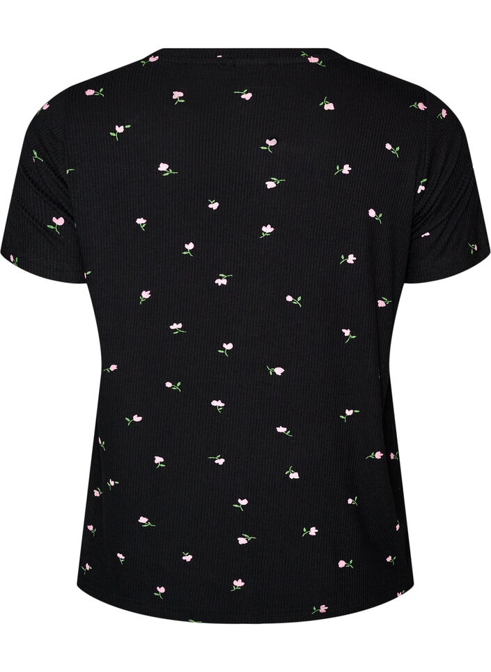 Pyjaman yl&auml;osa kukkakuviolla ja ribatulla tekstuurilla, Musta, Packshot image number 1