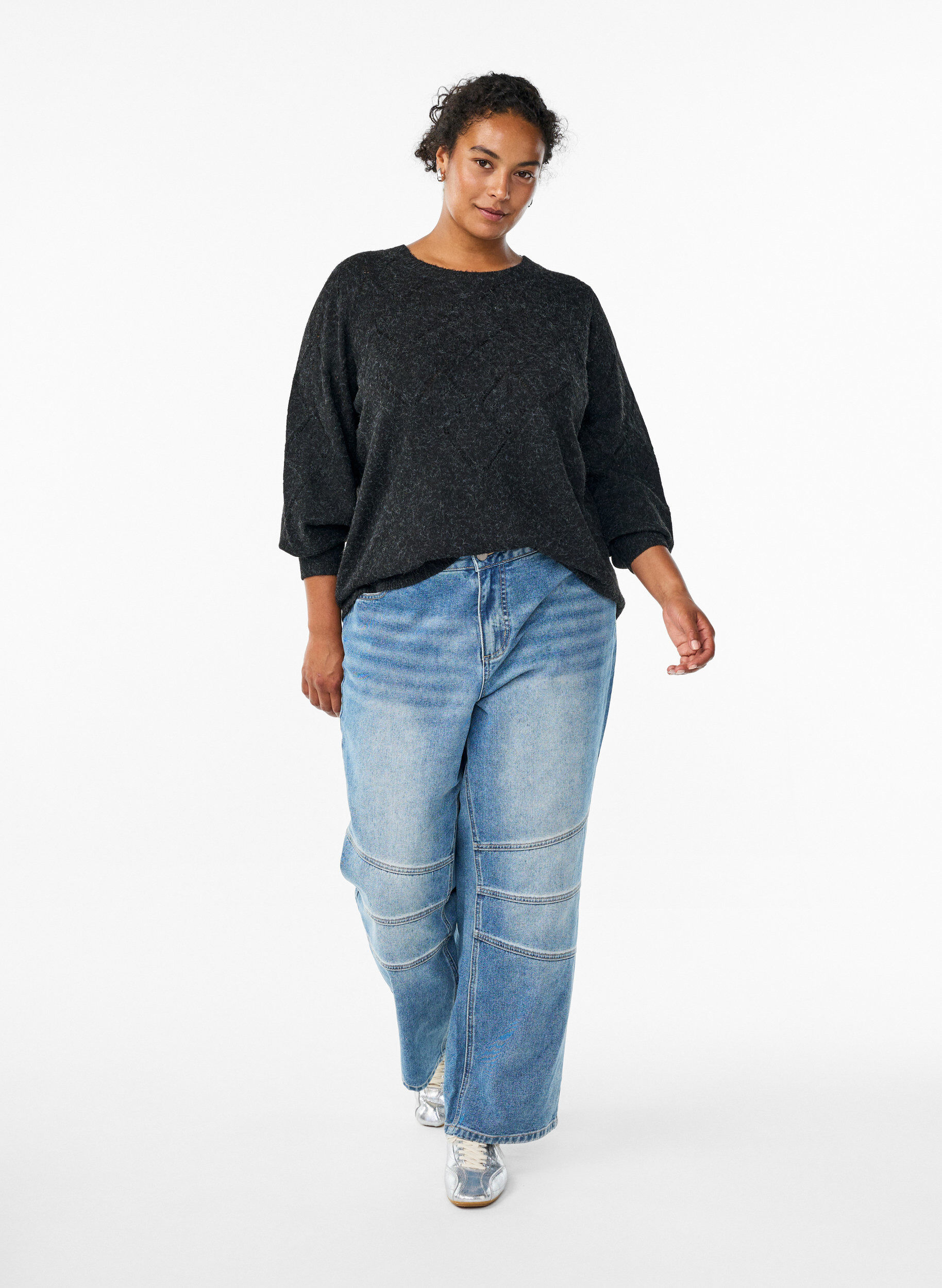 Zizzi Neulottu yl&auml;osa avoimella kuviolla ja pallohihoilla, Harmaa, Model image number 1