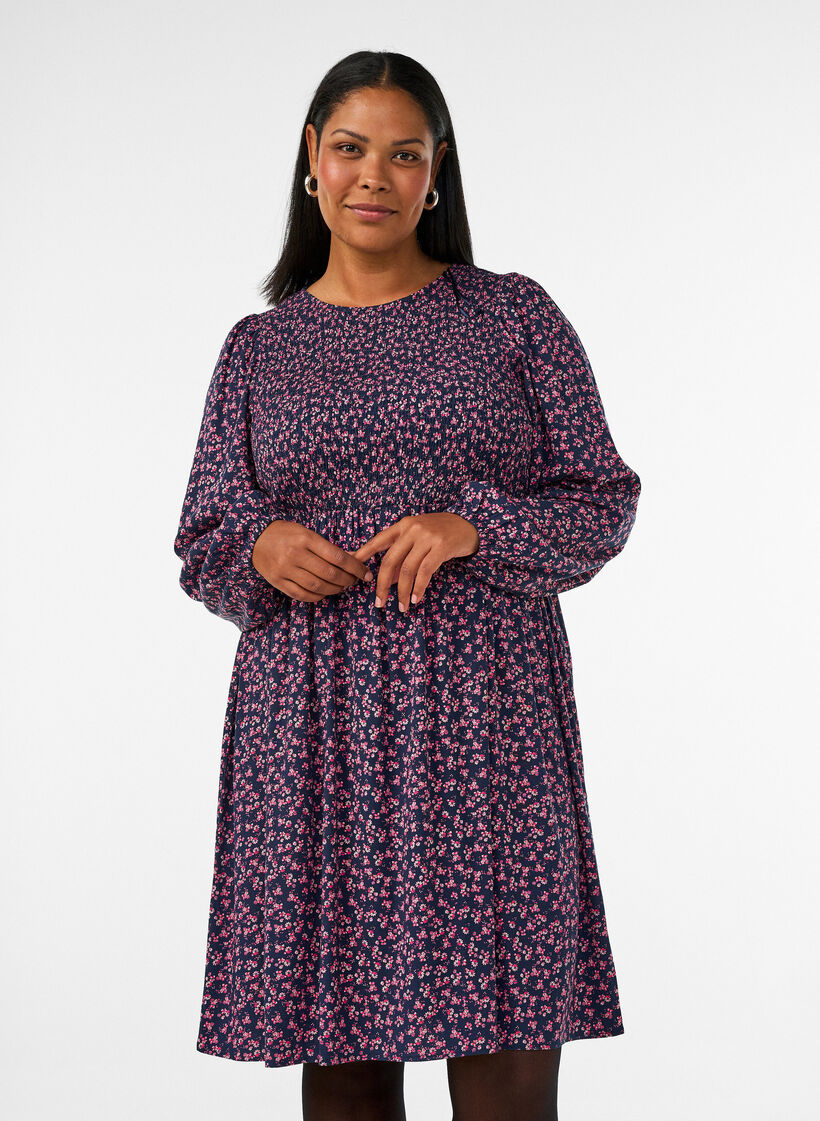 Mekko kuminauhallisella yl&auml;osalla ja pienikukkaisella kuosilla, Sininen, Model image number 0