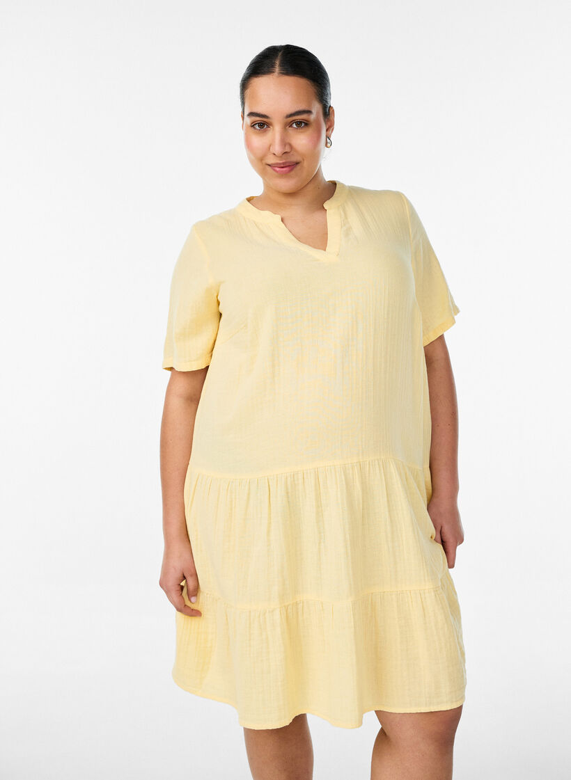 Lyhyt A-linjainen mekko puuvillamusliinista, Keltainen, Model image number 0