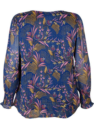 Kuosillinen, v-aukkoinen pusero pitkillä hihoilla, Blue w. Pink Leaf, Packshot image number 1