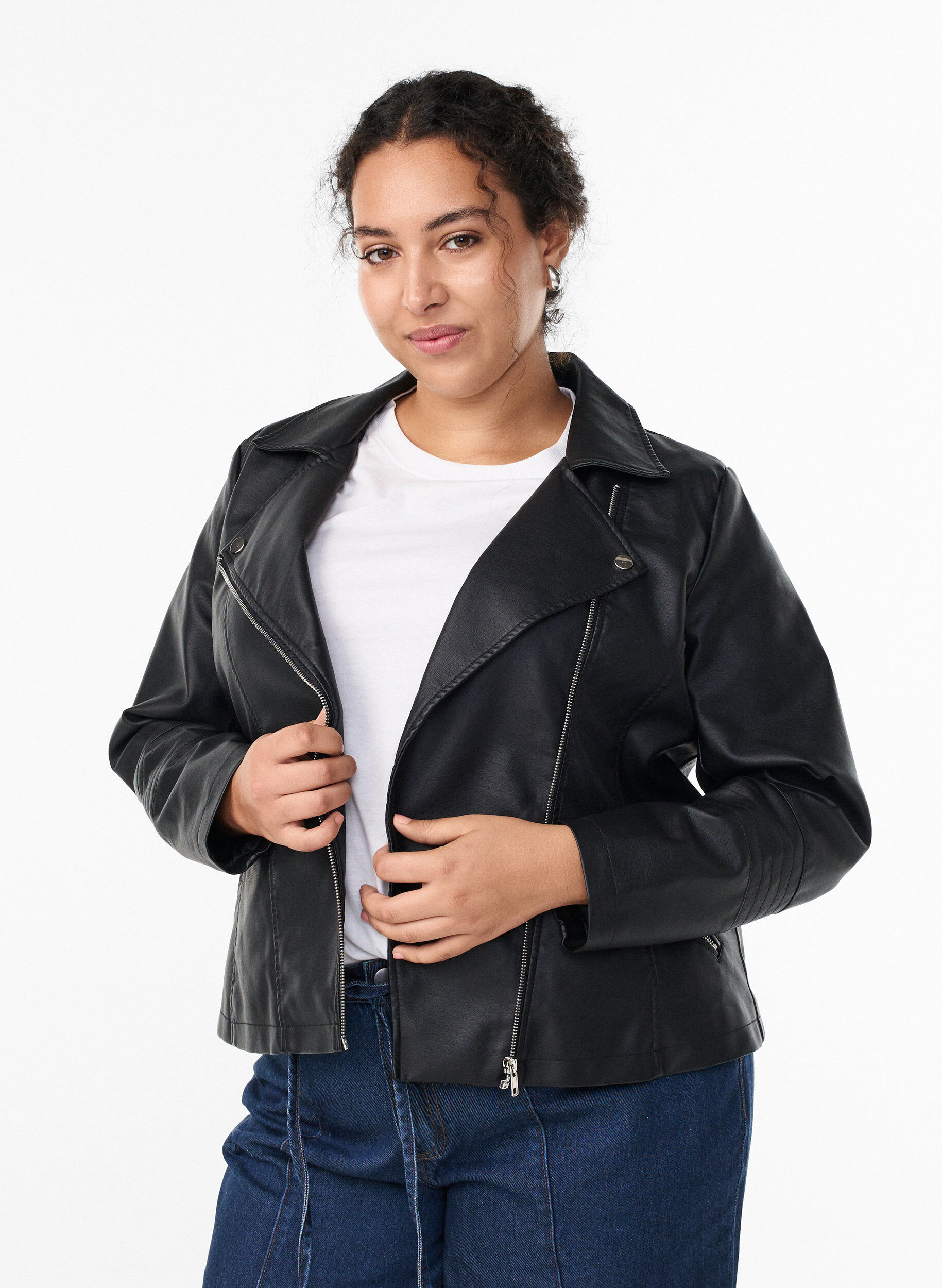 Keinonahkainen biker-takki, Musta, Model