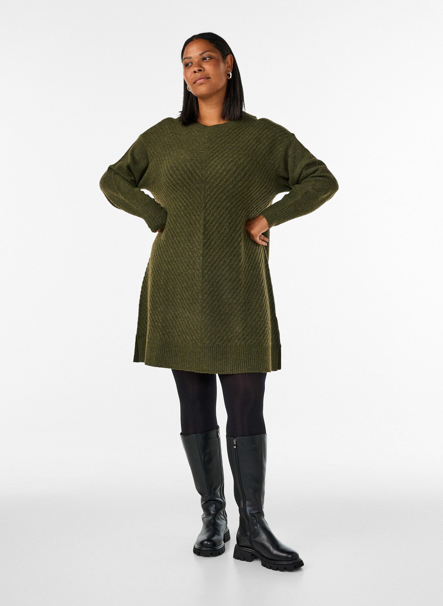ZizziLyhyt neulemekko V-muotoisella tekstuurikuviolla, Vihre&auml;, Model image number 1
