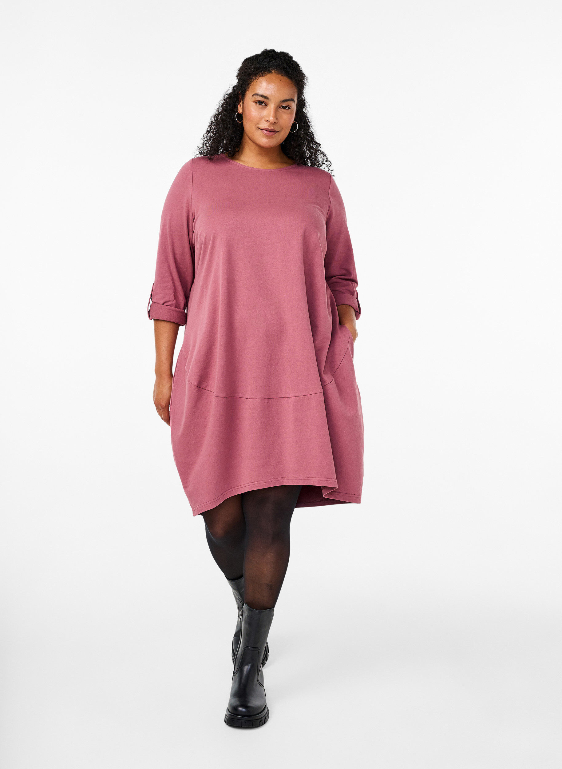 Zizzi Pallomainen puuvillamekko taskuilla, Vaaleanpunainen, Model image number 1