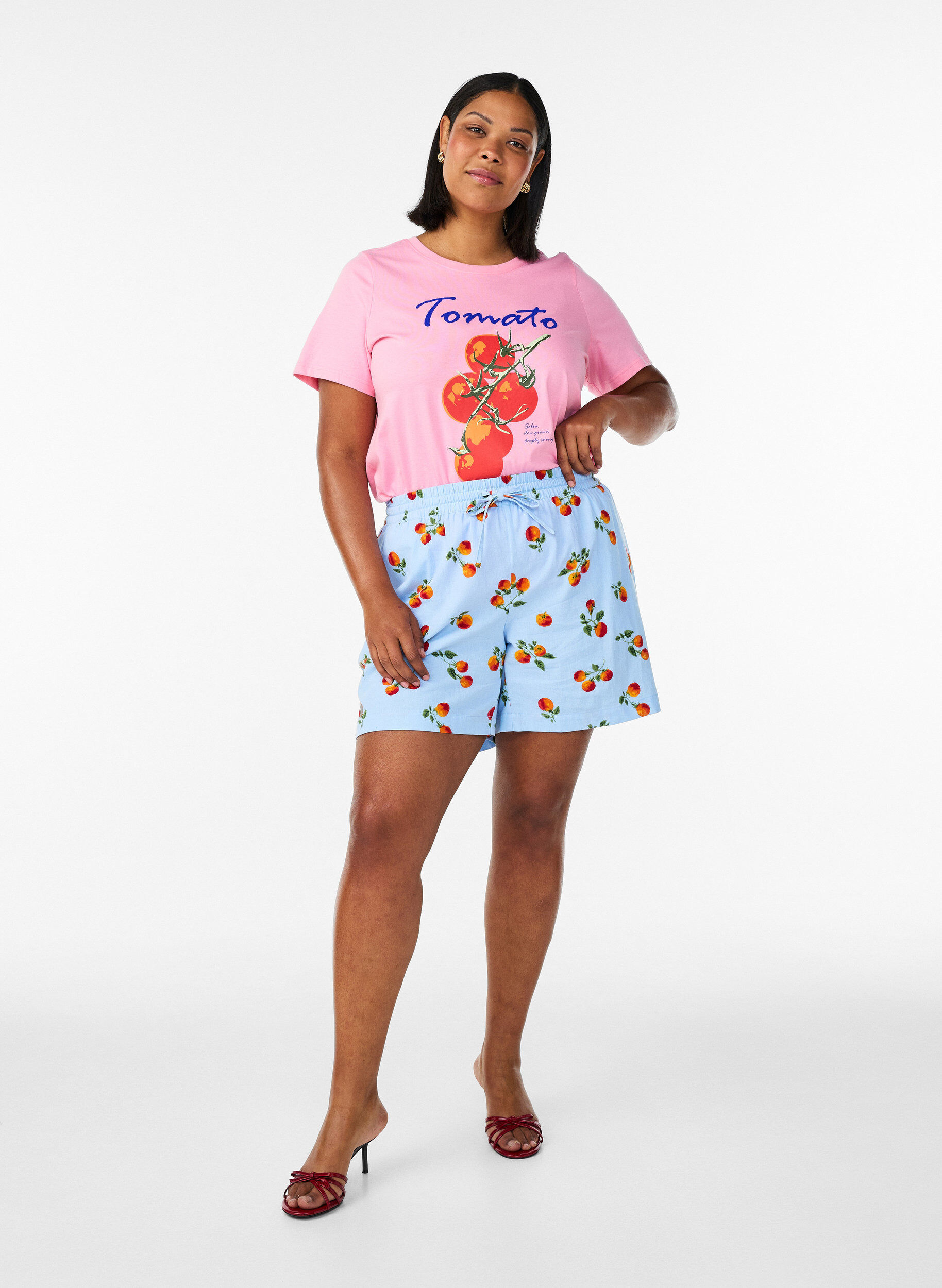 ZizziLuomupuuvillainen T-paita tomaatinkuvalla, Vaaleanpunainen, Model image number 1