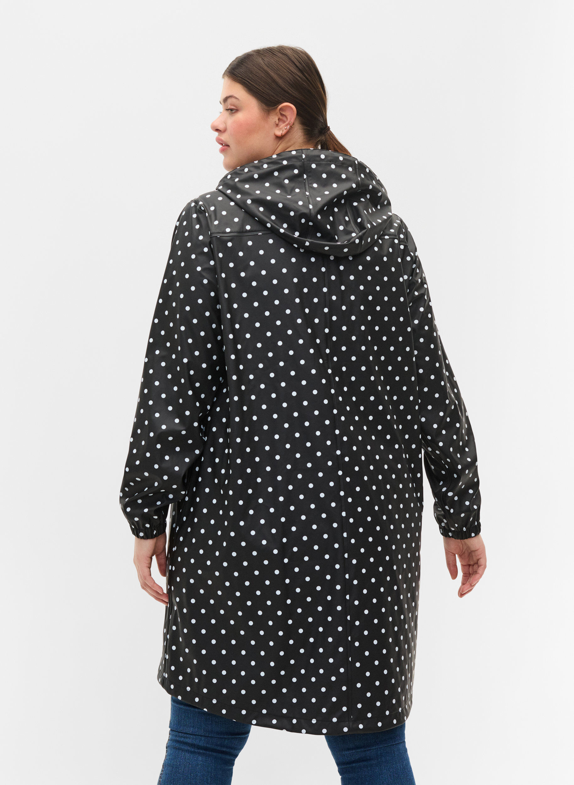 Zizzi Pilkullinen sadetakki hupulla, Black W/White Dot, Model image number 1