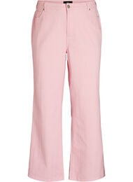 Myra-farkut v&auml;rillisest&auml; denimist&auml;, leve&auml;lestiset ja teksturoidulla kuviolla, Punainen