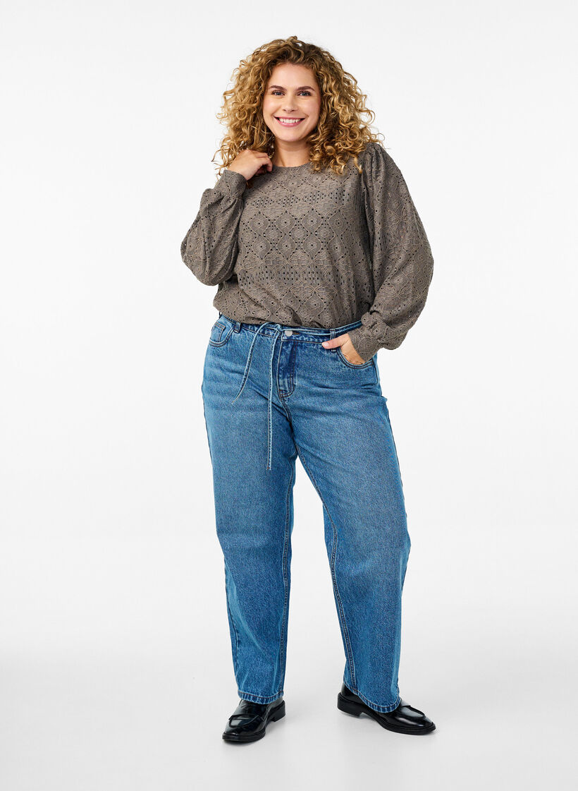 Pitkähihainen pusero avoimella pitsikuviolla, Ruskea, Model image number 1