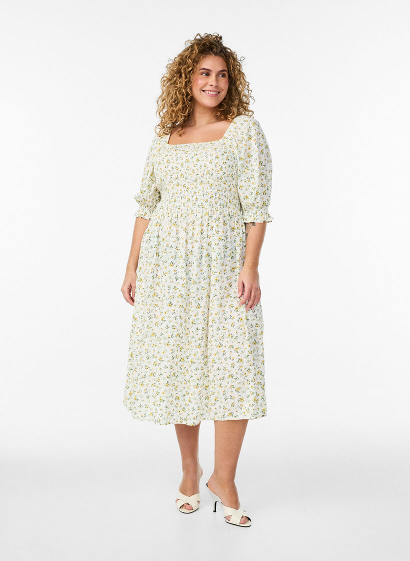 Kukkakuvioinen kes&auml;mekko viskoosista, Valkoinen, Model image number 0