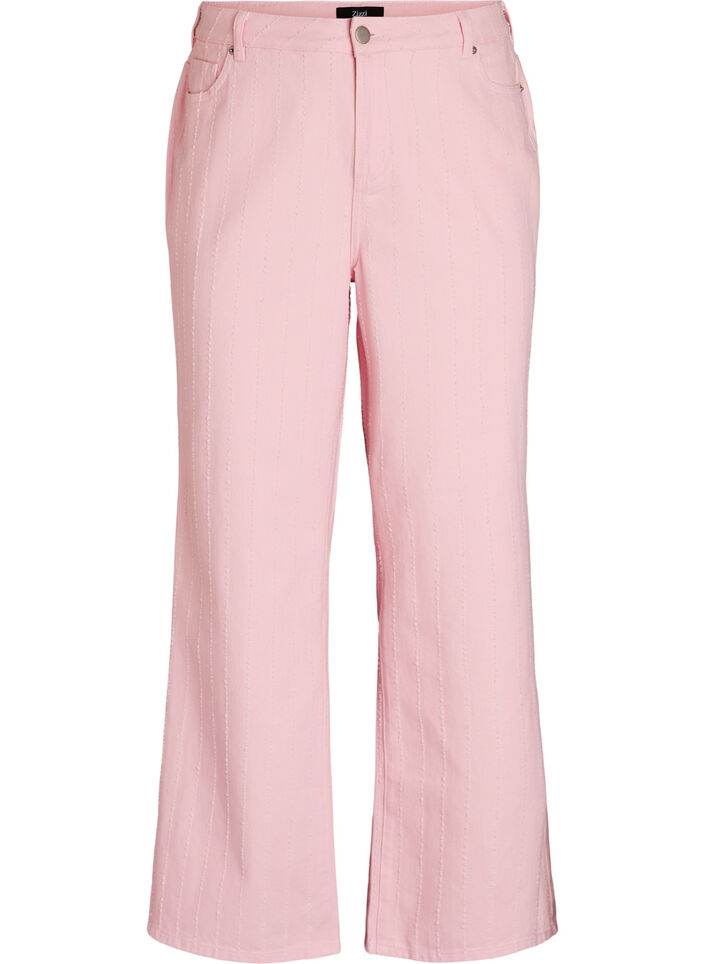 Myra-farkut v&auml;rillisest&auml; denimist&auml;, leve&auml;lestiset ja teksturoidulla kuviolla, Punainen, Packshot image number 0