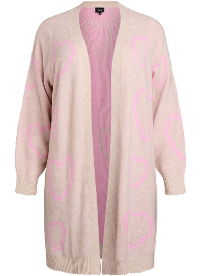 Pitkä neuletakki, jossa sävy sävyyn sydämiä, Beige, Packshot image number 0