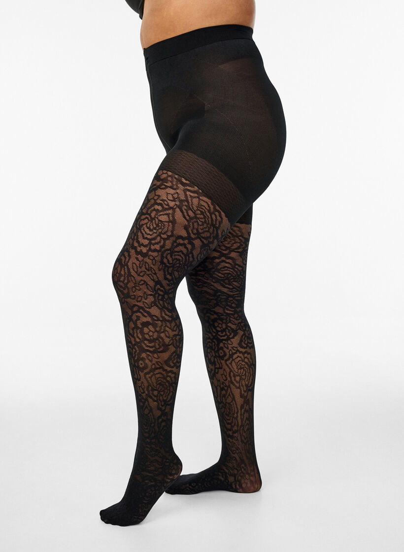 70 denierin push up -sukkahousut ruusukuviolla, Musta, Model image number 0