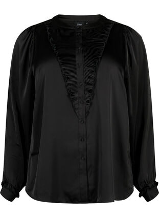 Satiininen paitapusero röyhelöyksityiskohdilla, Black, Packshot image number 0