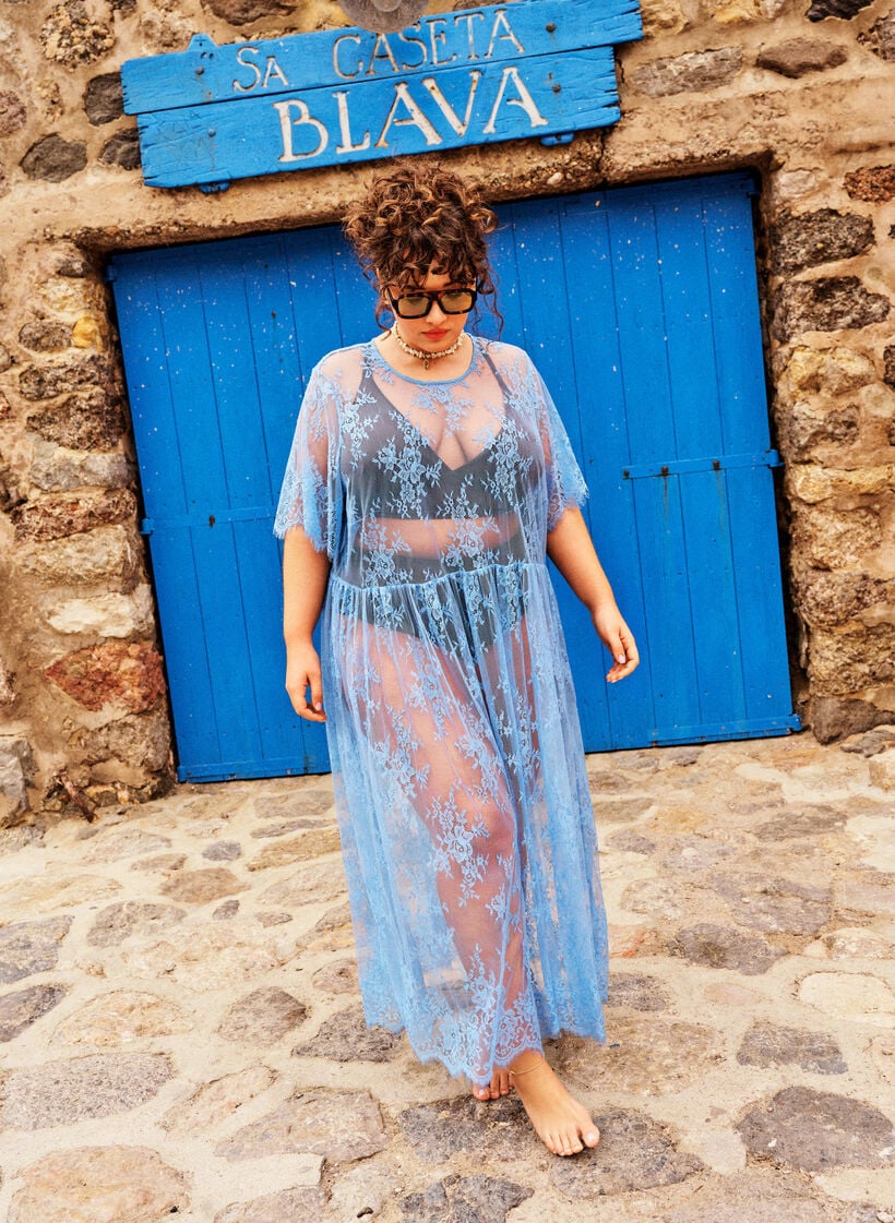 L&auml;pin&auml;kyv&auml; pitsinen midimekko lyhyill&auml; hihoilla, Violetti, Image image number 0