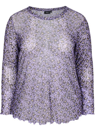 Tyköistuva mesh-pusero kukkakuosilla, Purple AOP, Packshot image number 0