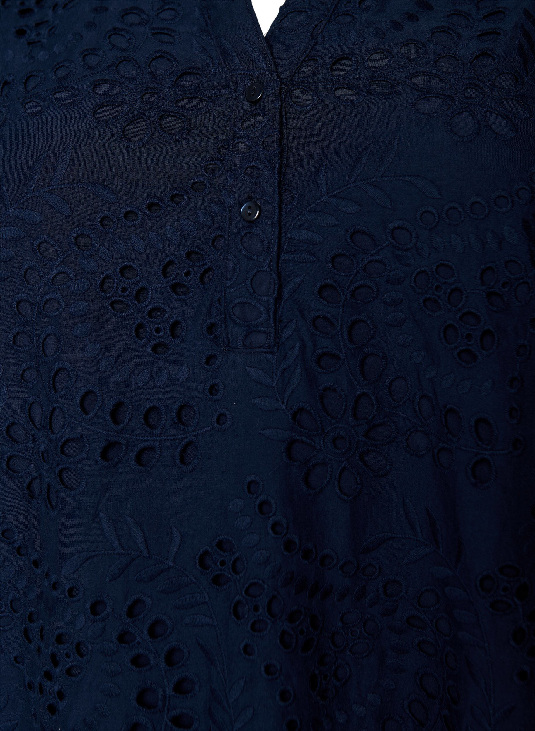 Zizzi Broderie anglaise -mekko r&ouml;yhel&ouml;hihoilla, Sininen, Packshot image number 2