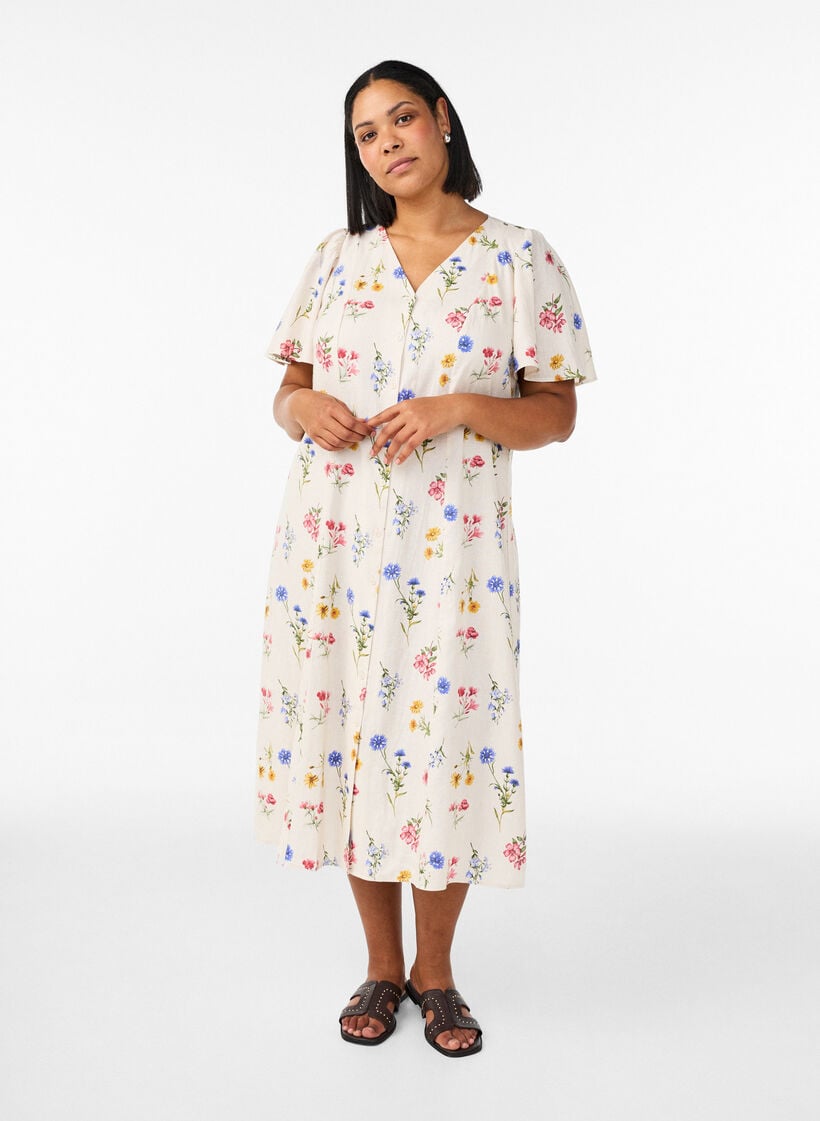 Midimekko pellava- ja viskoosisekoitteesta r&ouml;yhel&ouml;hihoilla, Beige, Model image number 0