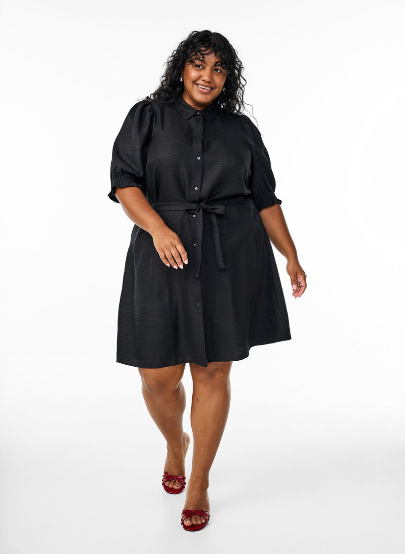 Polvipituinen paitamekko, jossa solmittava vyö, Musta, Model image number 0