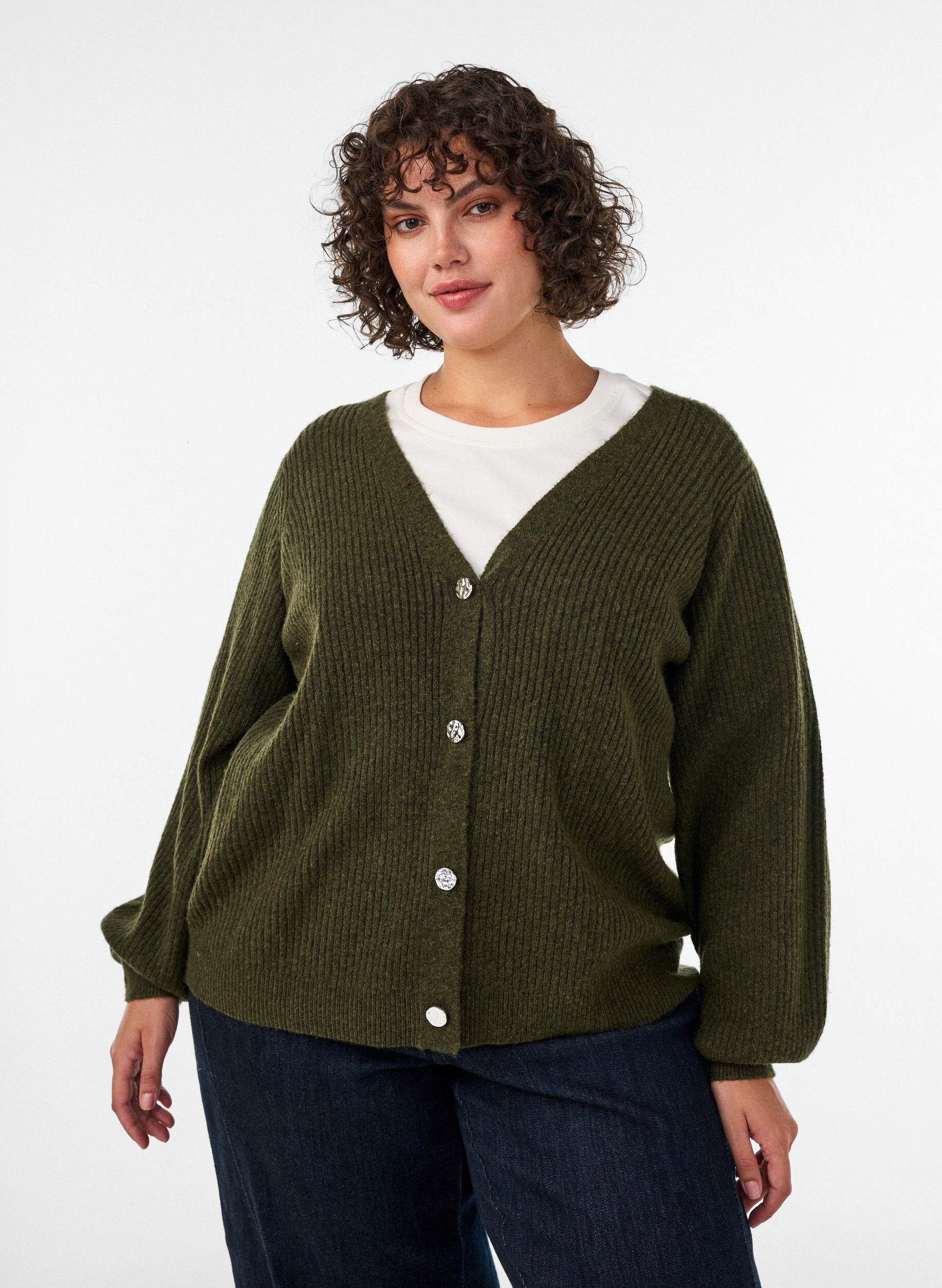 ZizziNeuletakki V-p&auml;&auml;ntiell&auml; ja ribatulla tekstuurilla, Vihre&auml;, Model image number 0