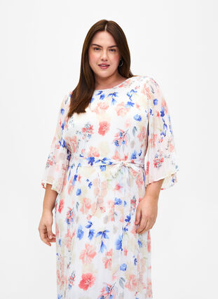 Kukkakuvioinen laskostettu mekko kiristysnauhalla, White/Blue Floral, Model image number 2