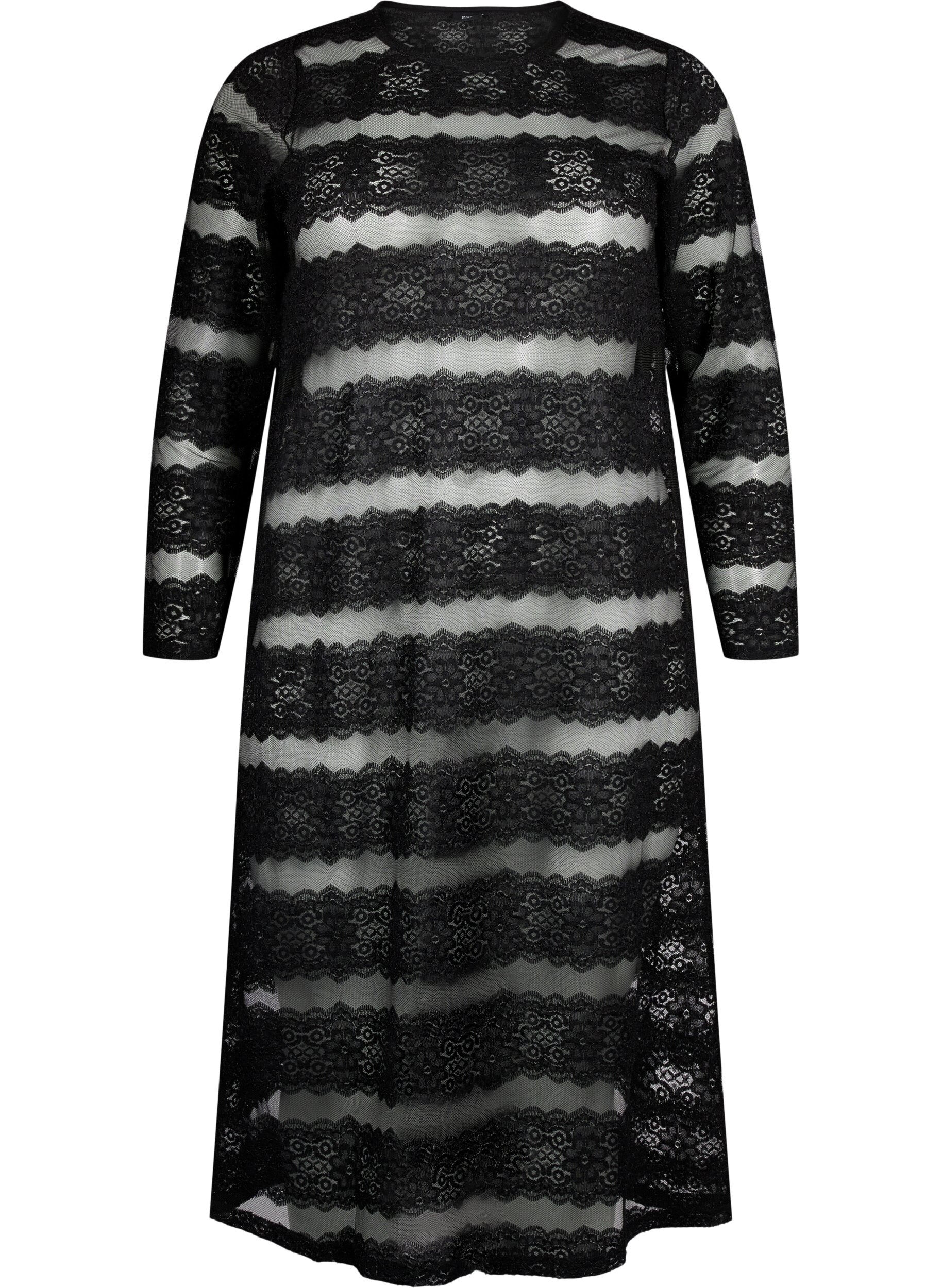 Zizzi L&auml;pin&auml;kyv&auml;ll&auml; verkkokankaalla ja pitsill&auml; koristeltu midimekko, Black, Packshot image number 0