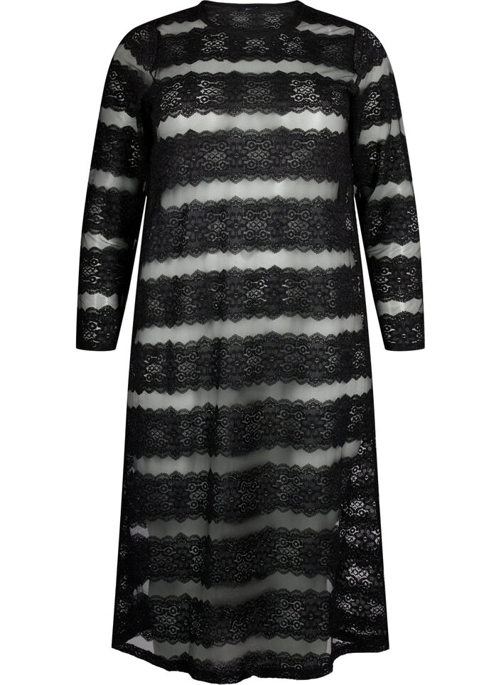 Läpinäkyvällä verkkokankaalla ja pitsillä koristeltu midimekko, Black, Packshot image number 0