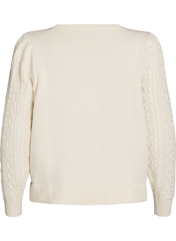 Neuleblouse palmikkokuviolla ja brodeeratuilla kukilla, Valkoinen, Packshot image number 1