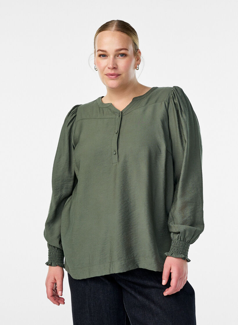 Viskoosipusero smock-yksityiskohdilla ja rypyill&auml;, Vihre&auml;, Model image number 0