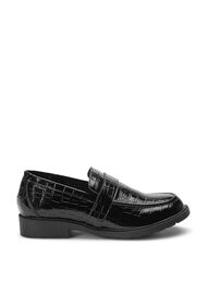 Leveälestiset krokotiilikuvioiset loaferit nahkaa, Black, Packshot